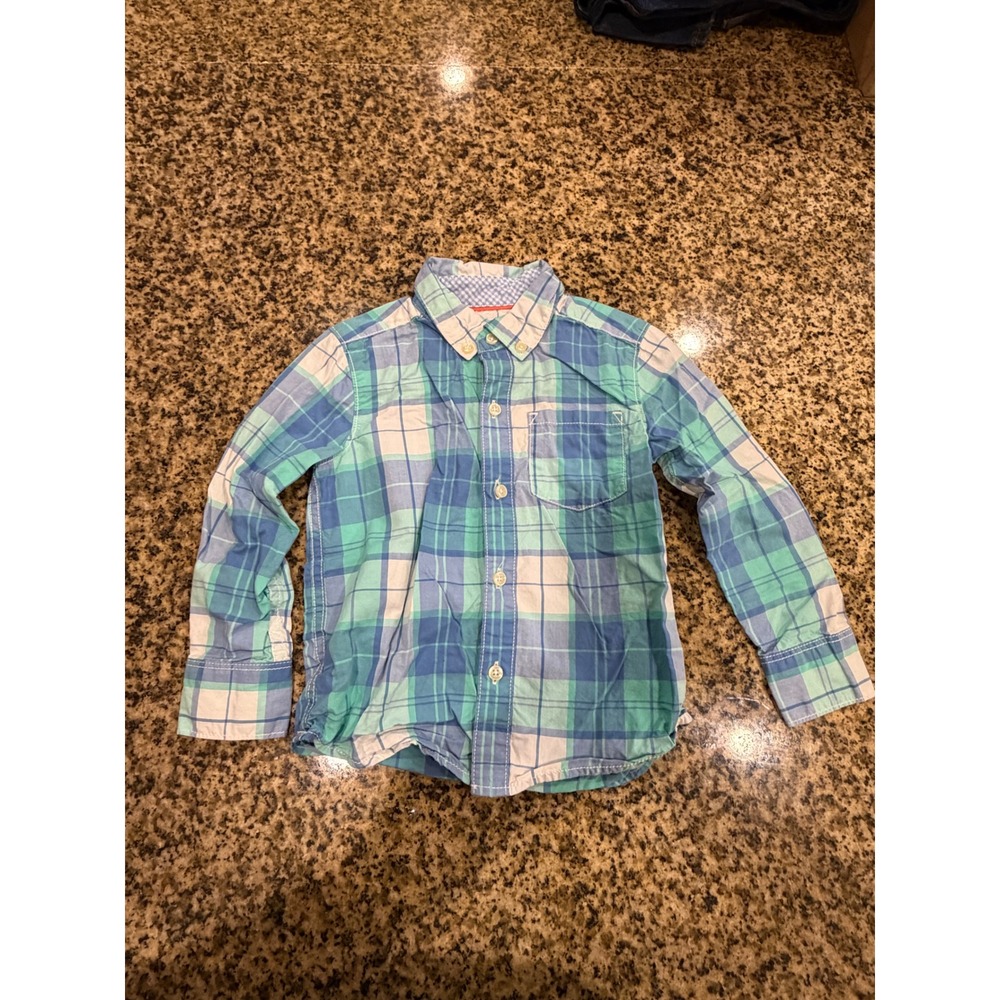 Carters Toddler Boys 2T Plaid Button Down Shirt Teal Blue White Long Sleeve